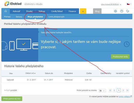 Druhý krok vložení partnerského kódu iDokladu
