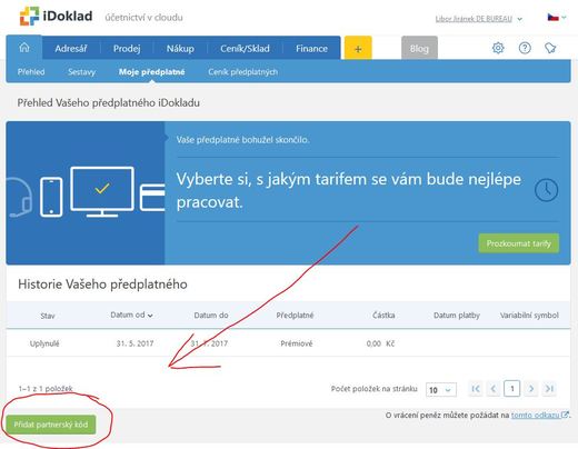 Třetí krok vložení partnerského kódu iDokladu