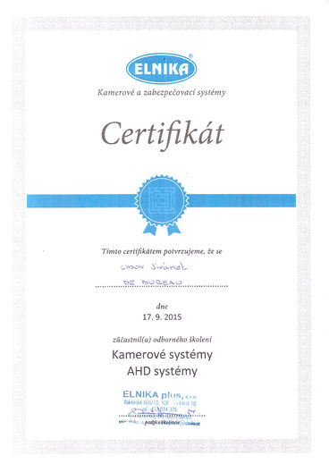 Certifikát AHD kamerové systémy