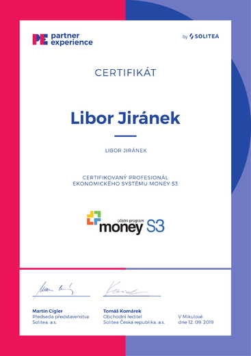 Certifikovaný profesionál Money S3 2019 Libor Jiránek