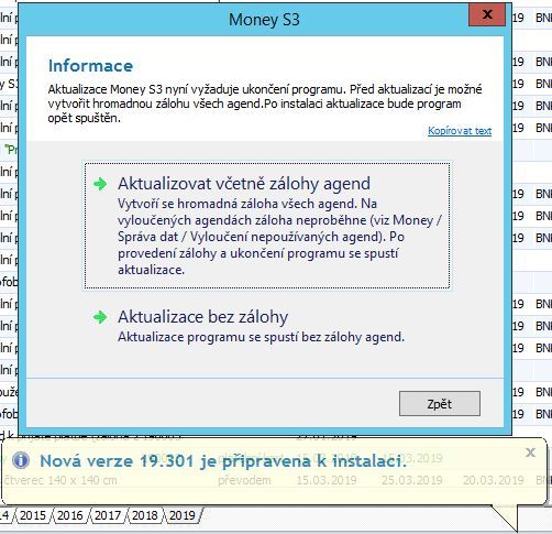 Aktualizace Money S3 verze 19.301