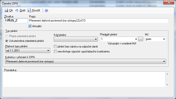 Příklad členění DPH na výstupu pro komoditu zlato (dodavatel) Příklad členění DPH na výstupu pro komoditu zlato (dodavatel)