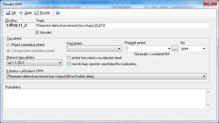 Příklad členění DPH na vstupu pro komoditu zlato (odběratel) Příklad členění DPH na vstupu pro komoditu zlato (odběratel)