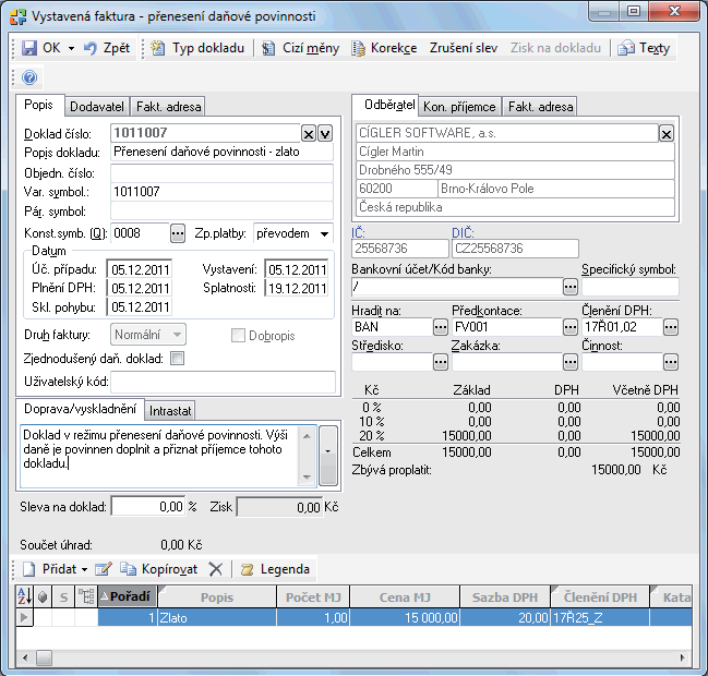 Vystavena faktura preneseni danove povinnosti